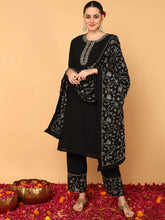 Women Black Poly Georgette Solid Embroidered Straight Kurta Palazzo With Dupatta
